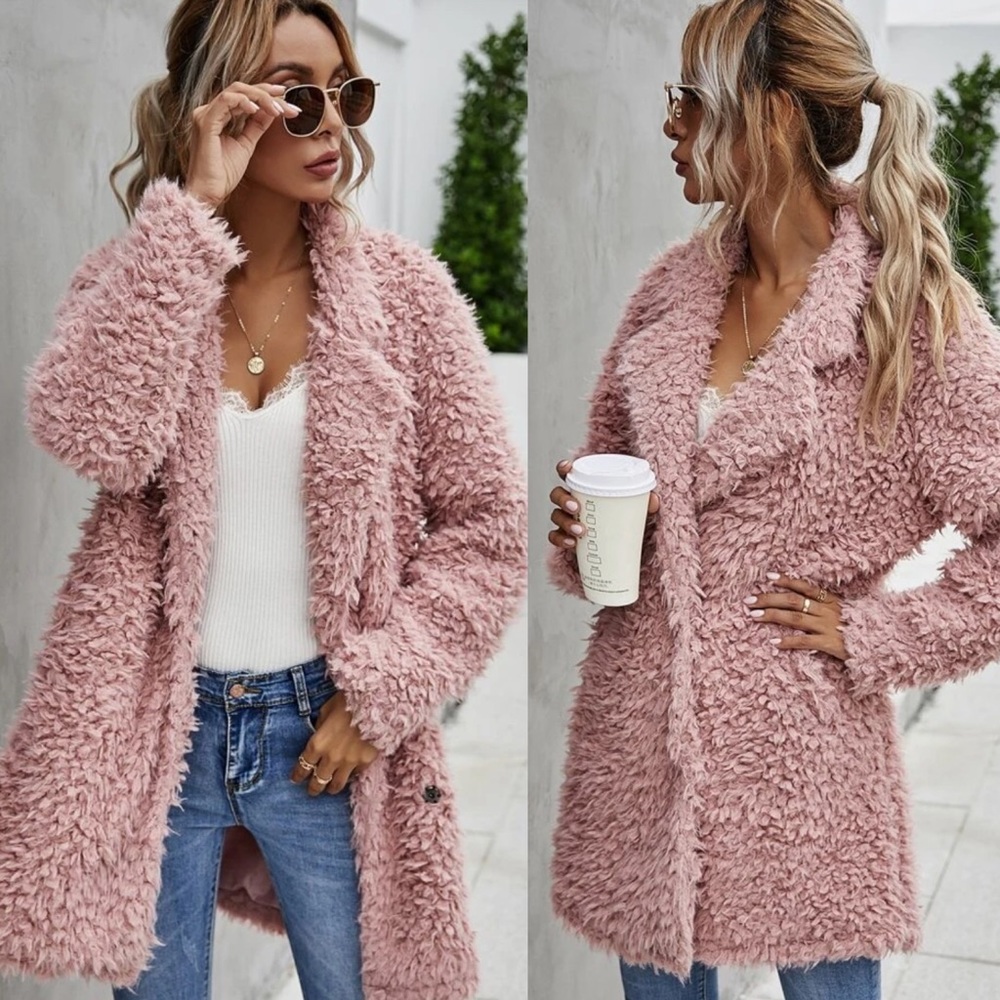 Pink fluffy teddy coat overcoat blush faux fur - Picture 2 of 3